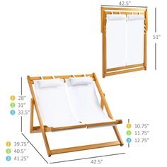 two wooden frames with white linens on them and measurements for each item in the frame