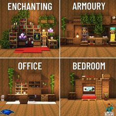 four different rooms in the same room each have their own furniture and decor items on them