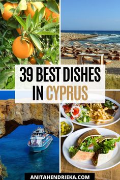 the best dishes in cyprus, including oranges and salads with text overlay that reads 39 best dishes in cyprus