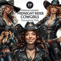 an image of three women dressed up in pirate costumes with the words midnight rider cowgirls transparent png