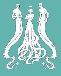 three women standing next to each other in front of a blue background with an octopus