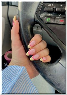 Capture the essence of sunny days with our radiant summer yellow nails! Flash a smile on your hands with a color that's as warm and inviting as a sunny afternoon. White And Yellow French Nails, Summer Nails Yellow And Pink, Yellow And Pink French Tip Nails, Light Yellow French Tip, Yellow French Tip Acrylic Nails, Simple Yellow Nails, Yellow And Pink Nails, Pink And Yellow Nails