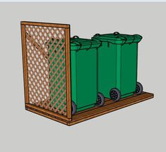 a wooden crate with three green bins on it's sides and one is empty