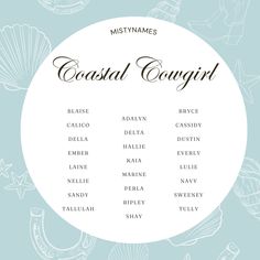 the words coastal concogni written in black and white on a light blue background with seashells