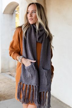 Kolby Knitted Pocket Scarf - Gray Pocket Scarf, Three Bird Nest, Pocket Scarves, Chunky Scarves, Rust Dress, Soft Yarn, Winter Day, Sweatshirt Dress, Pocket Detail