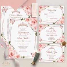 wedding stationery with pink roses and butterflies