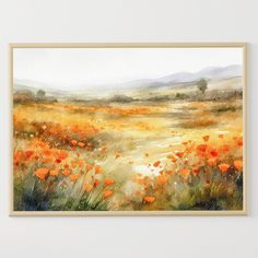 a painting of an open field with orange flowers