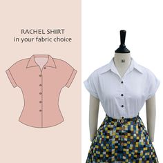 ">> This shirt is available in any print features in our shop. Select fabric print in \"Fabric\" category here: https://etsy.me/3erOYhC And note fabric name for us in \"Personalization\",\"Note to Seller\" section, or screenshot the fabric you choose and message us. (Example: RACHEL SHIRT in Solid Black Cotton Fabric) >> If you want to change any detail of this shirt, message us and we can make it as you want. >> If you have any concerns about placing order and shipping, please message us, we're happy to help. About \"RACHEL SHIRT\": - Front buttons shirt - Short sleeves We recently changed our size chart! Please double check the measurements of the standard size before ordering. Thank you. <3 STANDARD SIZING: XS: Bust 32\" | Waist 24.5\" S: Bust 34\" | Waist 26\" M: Bust 36\" | Waist 27.5 Vintage Cotton Shirt With Collared Neckline, Fitted Short Sleeve Shirt With Retro Print, Retro Cotton Shirt With Collared Neckline, Fitted Short Sleeve Tops In 1950s Style, Retro Blouse With Buttons And Relaxed Fit, Fitted 1950s Style Short Sleeve Tops, 1950s Style Fitted Short Sleeve Tops, Retro Cotton Blouse With Buttons, Fitted Shirt With Collared Neckline