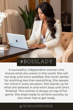 a woman sitting at a desk with a laptop in front of her and the caption says boss lady