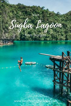 a man jumping into the water from a dock with text overlay that reads visit sugaba lagoon