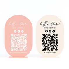 two business cards with qr code printed on the front and back, both in pink and white