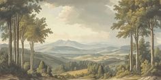 a painting of trees and mountains in the distance