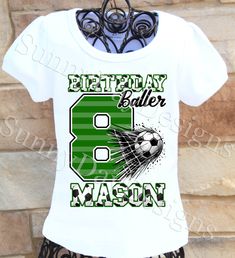 A fun, unique soccer themed birthday shirt personalized with your child's name and age. If you need the green changed to a different color, just request it in the personalization box. All shirts are 100% cotton.  I use a professional heat press to transfer the image, NOT a home iron. I will personalize it with your child's name and age for no additional cost. I use high quality shirts from ARB Blanks.  These are very soft shirts, not thin undershirts. Please see the size chart below for the t-shirts and choose your options in the drop down menus. I also carry Carter's brand bodysuits. *Please note heat pressed shirts may become distressed through wash/wear.  Always wash them inside out on a delicate cycle using mild detergent and no bleach. Birthday T Shirts Ideas, Shirts Ideas Design, Soccer Birthday Shirt, Sports Birthday Shirt, Soccer Birthday Party, Heat Press Shirts, Soccer Birthday Parties, Soccer Theme, Birthday T Shirts