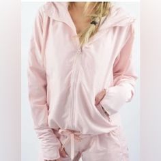 Like New. Might Be Nwot. Xs. Light Pink. Spring Solid Color Stretch Hooded Jacket, Spring Stretch Solid Hooded Jacket, Spring Long Sleeve Track Jacket For Loungewear, Solid Stretch Outerwear For Loungewear, Stretch Long Sleeve Track Jacket For Loungewear, Stretch Solid Color Outerwear For Loungewear, Stretch Outerwear For Loungewear In Athleisure Style, Stretch Athleisure Outerwear For Loungewear, Stretch Outerwear With Drawstring Hood For Loungewear