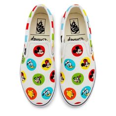 Mickey And His Close Friends Minnie, Donald, Goofy, And Pluto Are Joined By Winnie The Pooh On These Colorful Sneakers By Vans. The Classic Slip-On Canvas Design Includes The Walt Disney World Logo On The Heel So You'll Be Just One Foot Away From The Most Magical Place On Earth At All Times. New With Tags In Original Box Slip-On, Low Top Sneaker Front And Heel Has Colorful Character Artwork Sides Feature Colorful Checkered Pattern Walt Disney World ''D'' Logo On Heel Vans Logo Heel Label Part Of Goofy And Pluto, World Logo, Vans Yellow, New Mickey Mouse, Colorful Sneakers, Pink Vans, Vans White, Vans Logo, Mickey Mouse And Friends