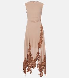 Lace-trimmed crêpe midi dress in beige - Acne Studios | Mytheresa Acne Studios Dress, Beige Lace Dress, Prom Inspiration, Crepe Midi Dress, Cashmere Dress, Blue Midi Dress, Knee Length Dresses, 72 Hours, Luxury Outfits