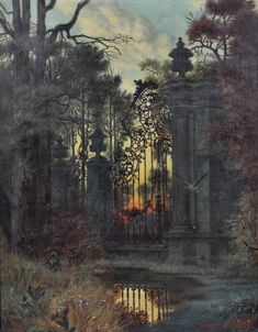 a painting of a gate in the middle of a forest with trees and bushes around it