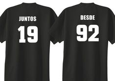 "Custom couples JUNTOS DESE SPANISH -TOGETHER SINCE T-SHIRTS - SET OF 2 SHIRTS PLEASE STATE SIZES AND DATE IN THE NOTES SECTION UPON CHECKOUT. Our custom couples t-shirts make a terrific gift for newlyweds, anniversaries and lovebirds. The custom matching tee shirt set we offer is popular for anniversaries, photos, parties, reunions and family gatherings. We offer a Ladies cut t-shirt and a Unisex t-shirt in 100% pre-shrunk cotton. UNISEX T-Shirt Sizing: S=chest 35-37\" waist 29-31\" M=chest 38- Silver Anniversary Gifts, Couples Shirts, Gift For Newlyweds, Wedding Socks, Wedding Gift Set, Anniversary Shirt, Creative Things, Matching Tees, Couple T-shirt