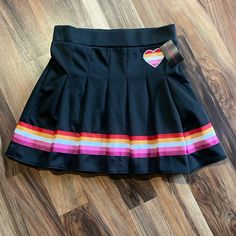 Body Rage Skirt Pleated Pull On- No Buttons Or Zippers Size Large Nwt Rainbow Stripe To Hem Heart Appliqu Patch To Front Retro Black Skort For Summer, Casual Fitted Multicolor Tennis Skirt, Casual Multicolor Tennis Skirt, Skirt Pleated, Stripe Skirt, Rainbow Stripes, Pleated Skirt, Womens Skirt, Rainbow