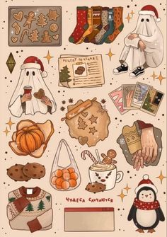 a christmas card with many different items on the front and back of it, including an image of santa claus