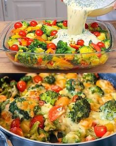 broccoli, tomatoes, and other vegetables are being mixed together in a casserole dish