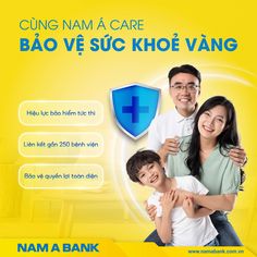 a man and woman holding a boy in front of a yellow background with the words nam a bank