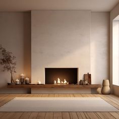 a living room with a fireplace and candles