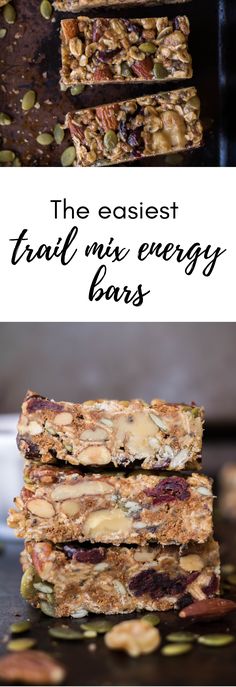 three bars stacked on top of each other with text overlay that reads the easyest trail mix energy bars