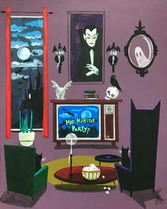 a living room filled with furniture and decor on top of a purple floor covered in halloween decorations