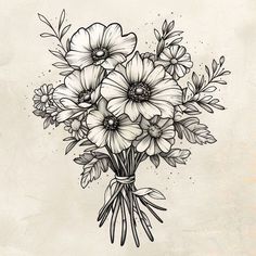 black and white drawing of flowers in a vase