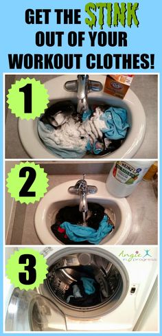 three pictures showing how to get the stink out of your workout clothes and wash them