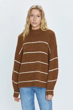 Carlen Sweater - Caramel Stripe – Pistola Denim Brown Turtleneck Sweater For Layering, Oversized Cozy Turtleneck With Ribbed Collar, Brown Casual Turtleneck For Layering, Casual Brown Turtleneck For Layering, Oversized Ribbed Collar Turtleneck For Fall, Oversized Fall Turtleneck With Ribbed Collar, Oversized Turtleneck With Ribbed Collar For Fall, Brown Funnel Neck Sweater For Layering, Brown Funnel Neck Sweater For Winter