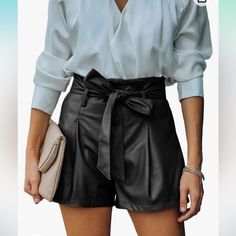 Stretchy Faux Leather Shorts With Pockets And Tie Belt! High Waisted! See Pics For A Loose Stitch. So Cute And Stylish 3 Inch Inseam Faux Leather Skirt, Leather Shorts, Black Faux Leather, Shorts With Pockets, Leather Skirt, Faux Leather, High Waisted, Womens Shorts, Women Shopping