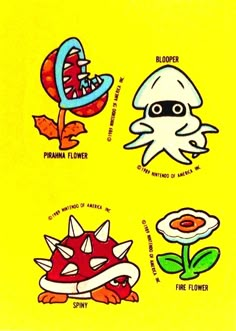 four stickers with different types of cartoon characters on them, including an octopus, mushroom, and flower