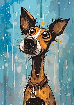 a painting of a brown dog with black spots on it's face and collar