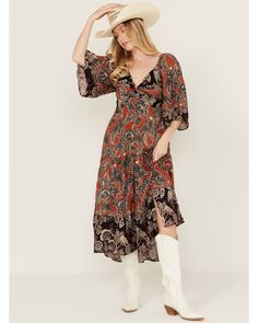 Angie Women's Paisley Print Midi Dress, Brown Western Wedding Guest Dress, Western Wedding Guest Dresses, Western Wedding Guest, Dresses To Wear With Cowboy Boots, Three Tiered Skirt, Best Wedding Guest Dresses, Print Midi Dress, Wedding Guest Dresses, Western Wedding