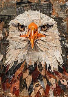 an eagle made out of old newspaper and torn up pieces of paper with the face of an eagle on it's head