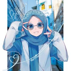 an anime character with glasses and a blue hijab is posing for the camera