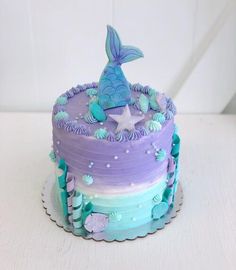 a birthday cake decorated with blue and purple icing