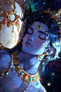 an image of a woman with her eyes closed and head covered in jewels, surrounded by stars