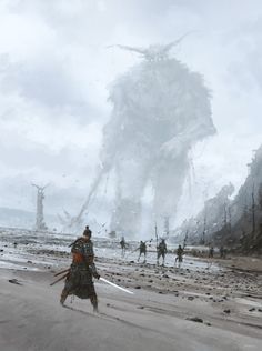 some people are walking on the beach in front of a giant monster