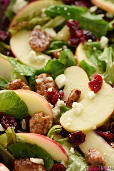 a salad with apples, cranberries and spinach leaves is shown in close up