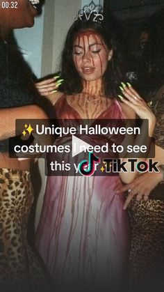 two women dressed up as zombies and one wearing a tiara with words that read unique halloween costumes need to see this trick