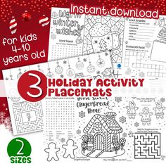 three holiday activity pages for kids to color and print