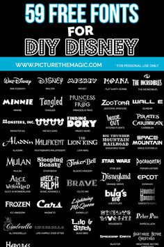 the font and numbers for disney's movies are shown in this poster, which is also