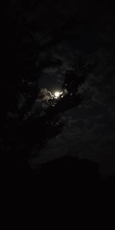 the moon is shining brightly in the dark night sky with clouds and trees silhouetted against it