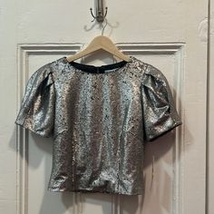 Antonio Melani Sparkly Puff Sleeve Crop Top W/Tags Size 2 Perfect For Going Out Never Worn Fitted Puff Sleeve Top For Party, Puff Sleeve Padded Blouse For Party, Button Crop Top, Ruffle Trim Top, Linen Crop Top, Womens Halter Tops, Linen Tank Top, Puff Sleeve Crop Top, Cotton Crop Top