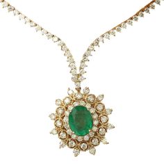 11.33 Carat Natural Emerald 14K Solid Yellow Gold Diamond Necklace - Fashion Strada White Gold Heart Necklace, Solid Necklace, Heart Necklace Diamond, Gold Diamond Necklace, Gold Heart Necklace, Emerald Stone, Oval Stone, Diamond Pendant Necklace, Natural Emerald