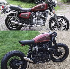 two pictures of a red and black motorcycle