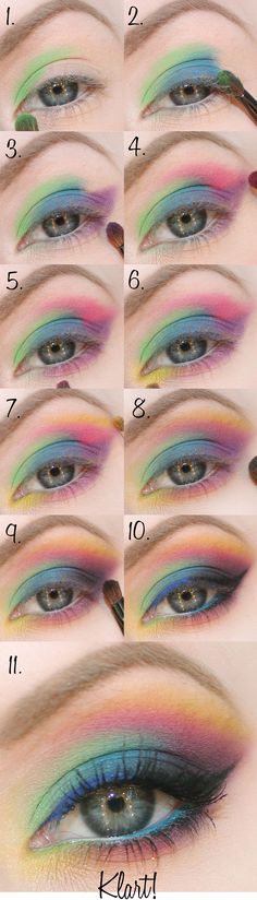 colorful make-up tutorial - so pretty! could do this for the color run! 80s Eyeshadow, Mlp Movie, Unicorn Eyes, The Color Run, Pastel Eyeshadow, Rainbow Eyeshadow, Concert Makeup, 80s Makeup, Trendy Eyeshadow